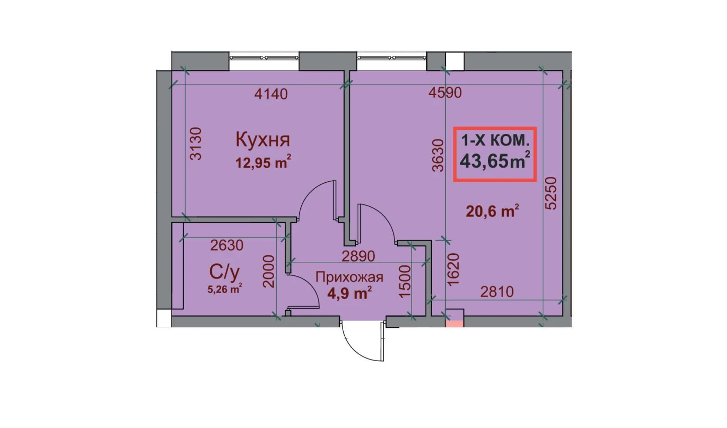 1-комнатная квартира 43.65 м²  3/3 этаж