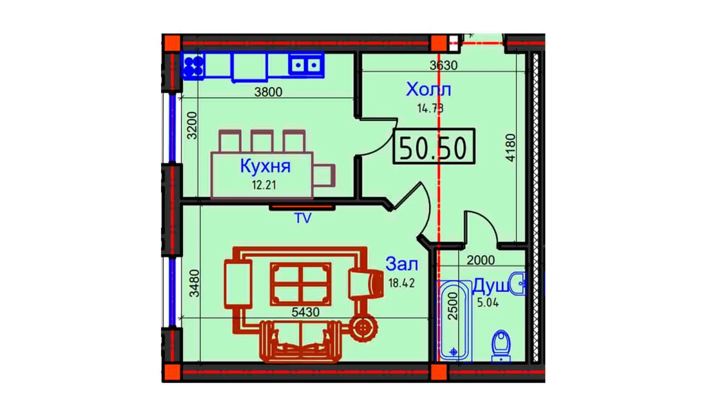 1-комнатная квартира 50.5 м²  1/1 этаж