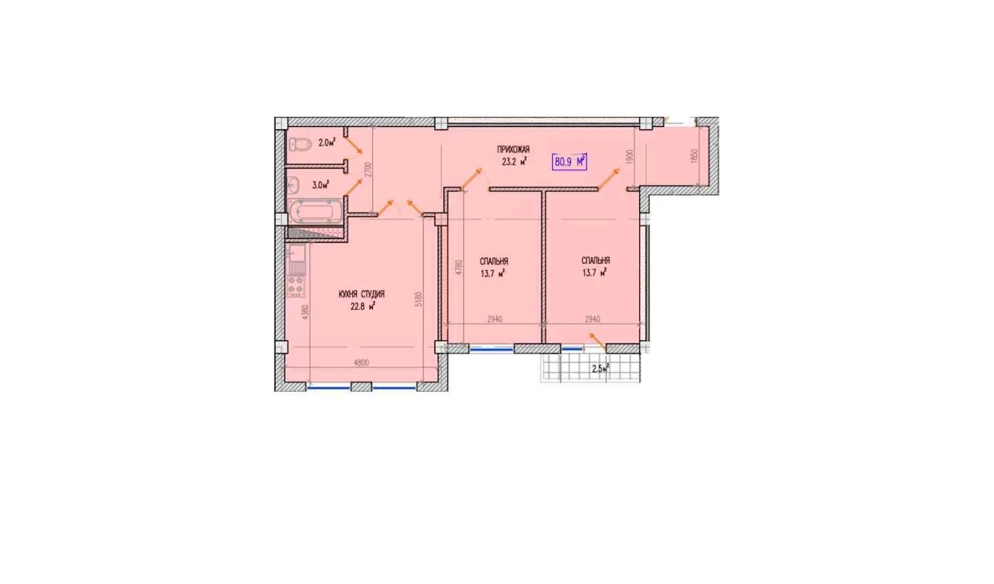 3-комнатная квартира 80.9 м²  7/7 этаж