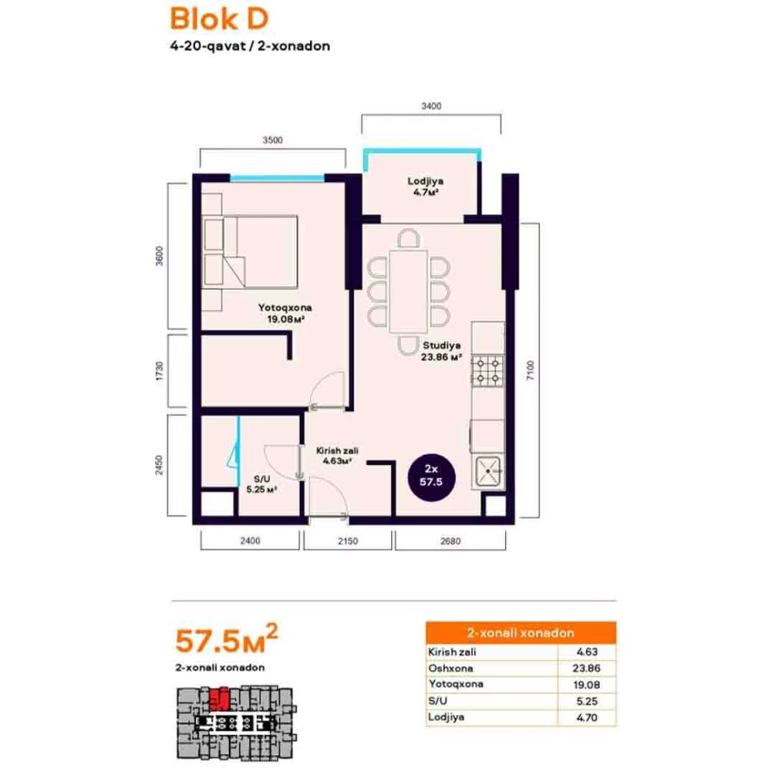 2-комнатная квартира 57.5 м²  8/8 этаж