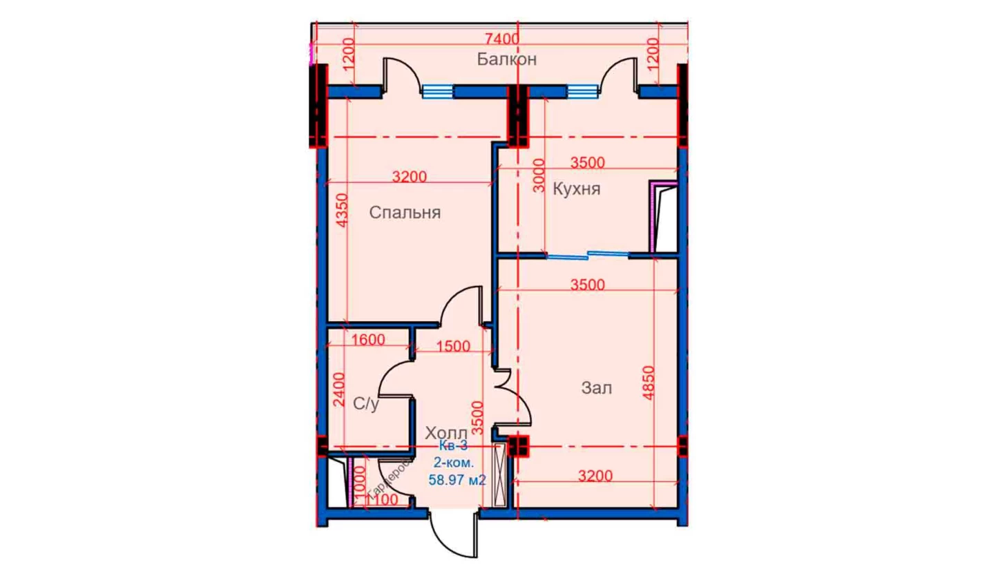 2-комнатная квартира 58.97 м²  4/4 этаж