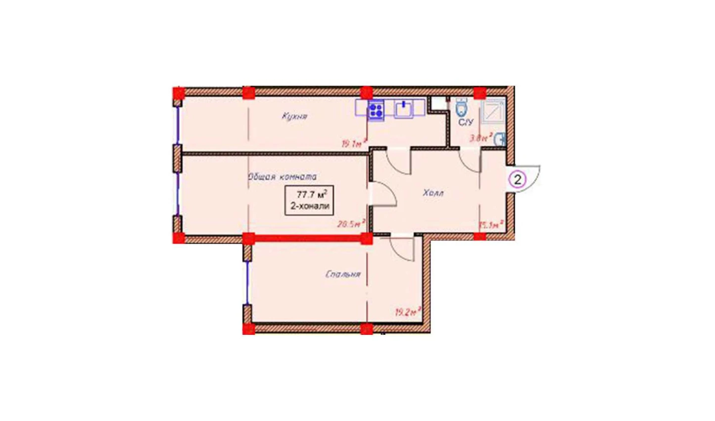 2-xonali xonadon 77.7 m²  1/1 qavat