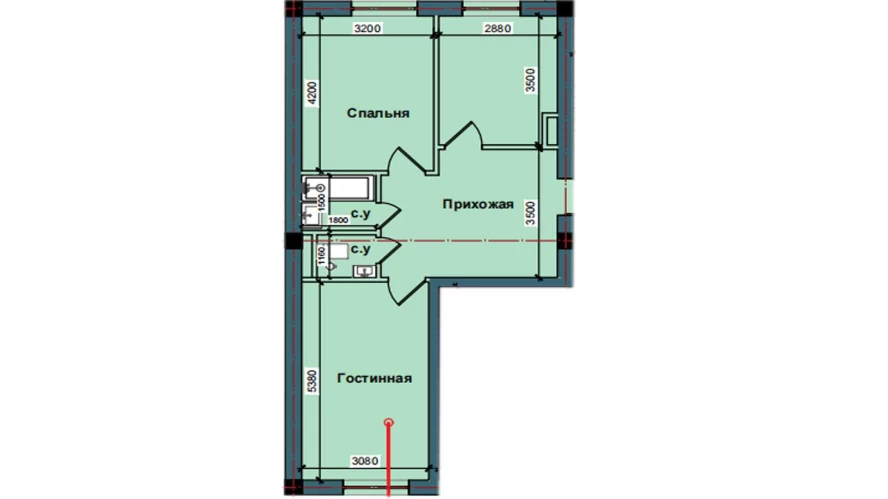 2-комнатная квартира 60 м²  1/1 этаж