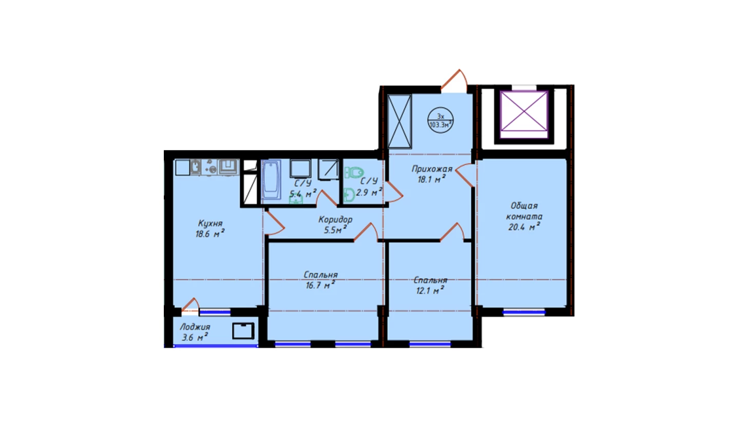 3-комнатная квартира 103.3 м²  15/15 этаж