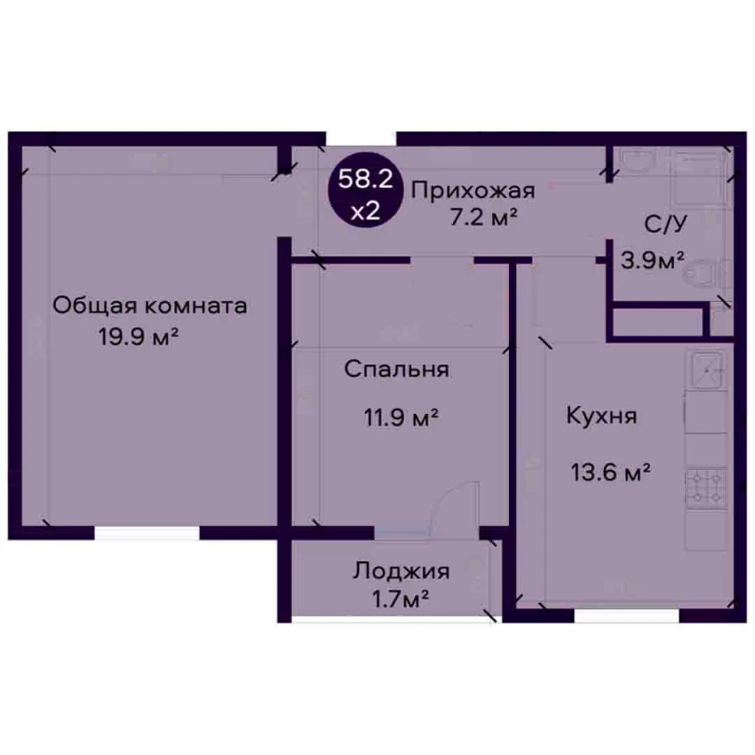 2-комнатная квартира 58.2 м²  2/2 этаж