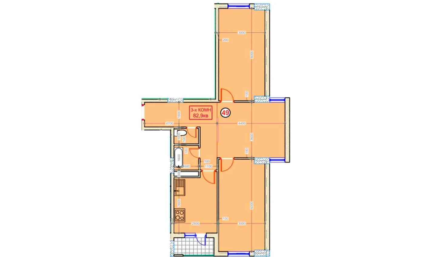 3-комнатная квартира 82.9 м²  5/5 этаж