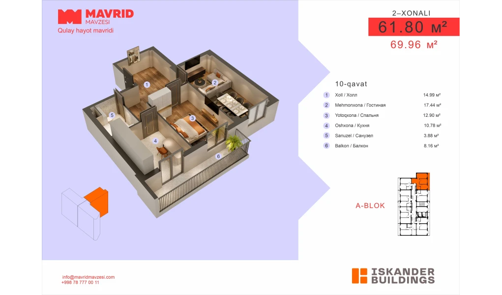 2-комнатная квартира 61.8 м²  10/10 этаж