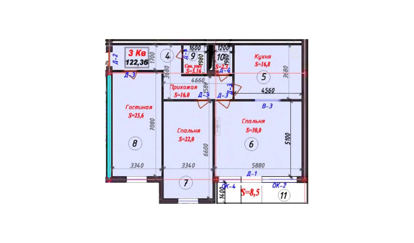 3-комнатная квартира 122.36 м²  7/7 этаж