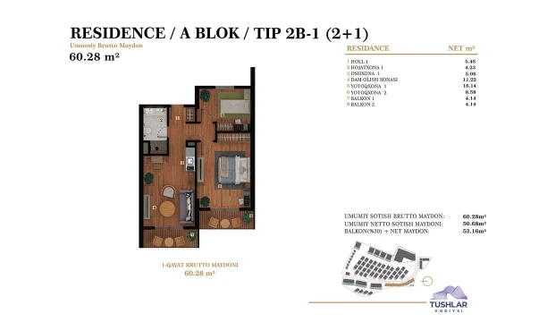 3-xonali xonadon 53.16 m²  3/7 qavat | TUSHLAR VODIYSI Turar-joy majmuasi