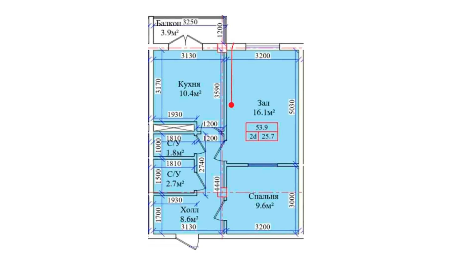 2-комнатная квартира 53.9 м²  2/2 этаж