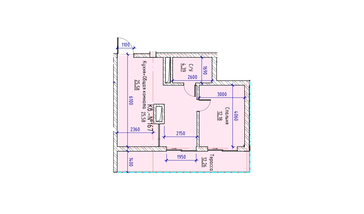 1-xonali xonadon 25.58 m²  17/17 qavat