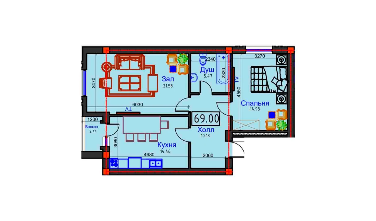 2-комнатная квартира 69 м²  9/9 этаж