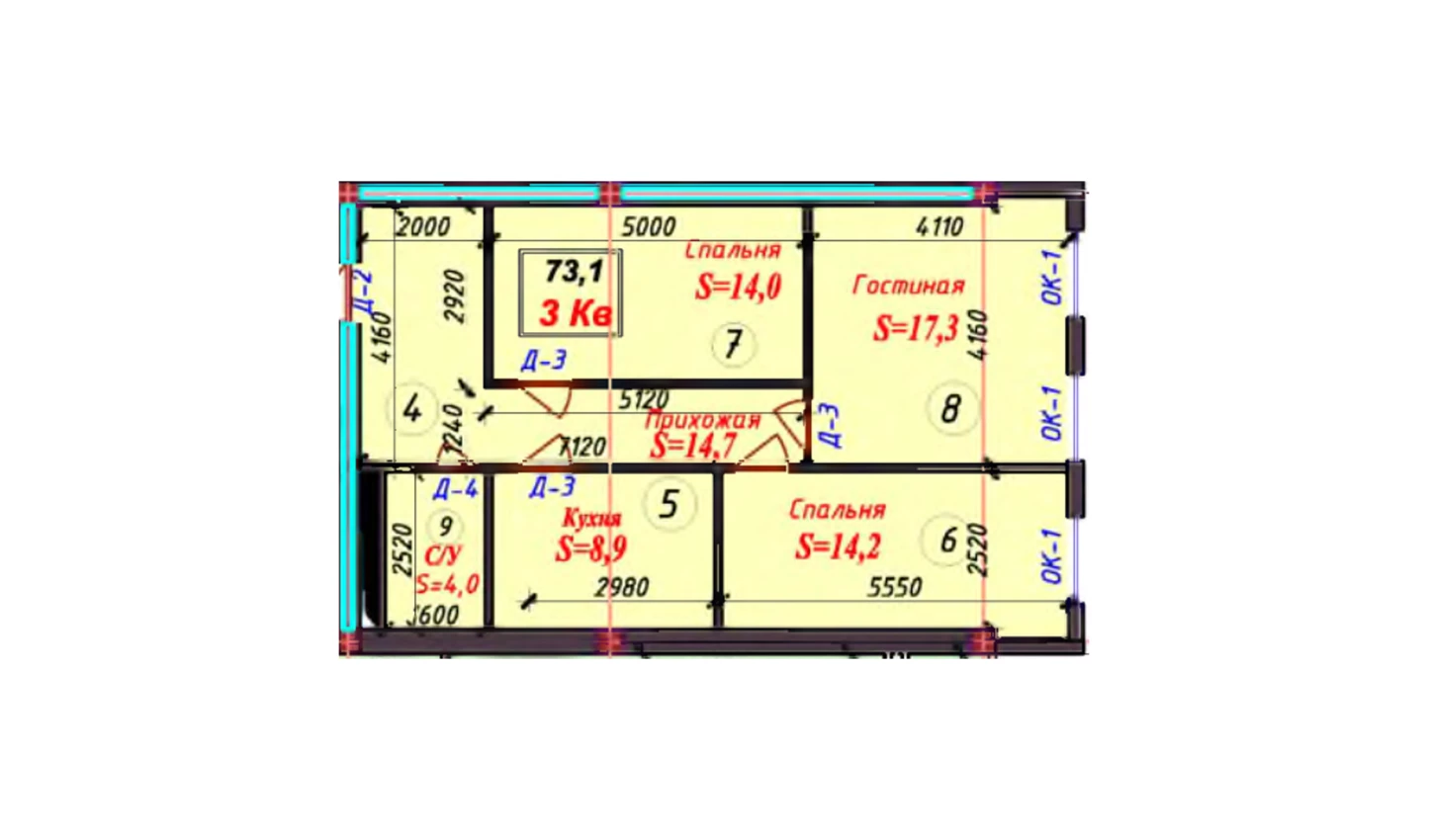 3-комнатная квартира 72.8 м²  2/2 этаж