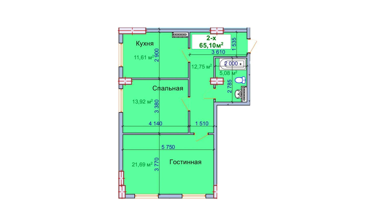 2-комнатная квартира 65.1 м²  1/1 этаж