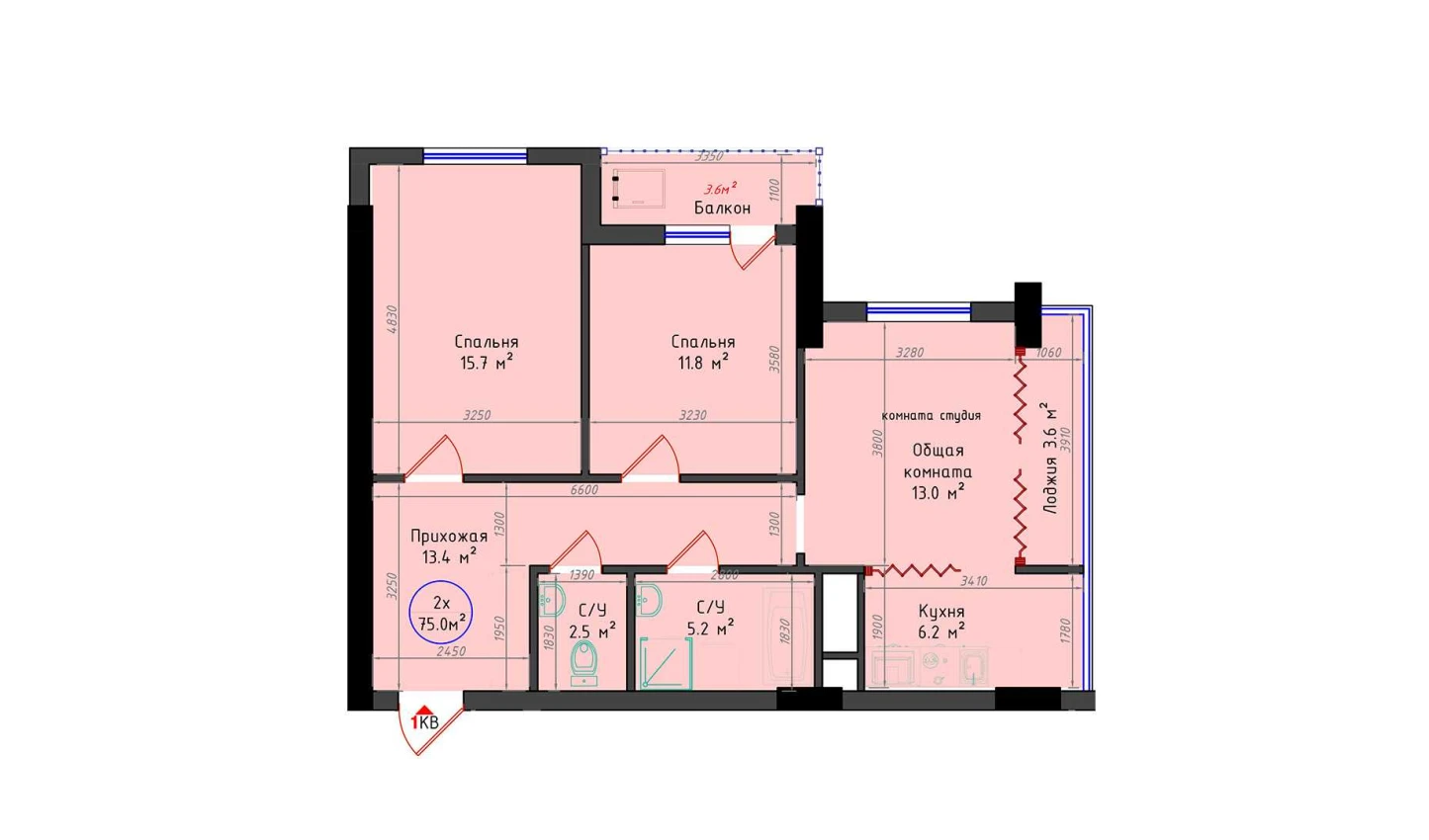 2-комнатная квартира 75 м²  6/6 этаж