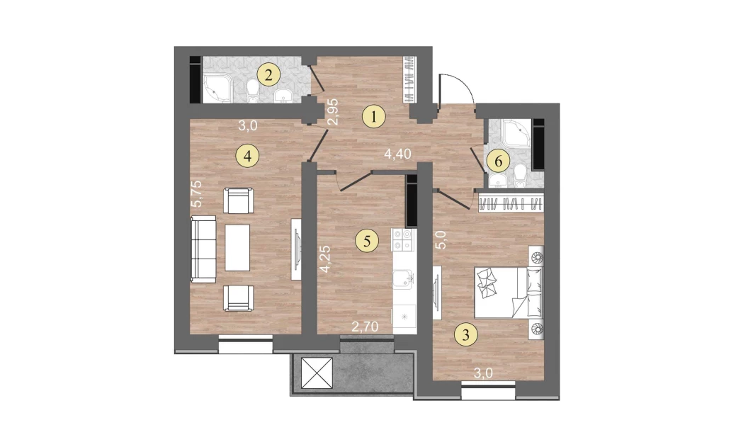 2-xonali xonadon 60 m²  2/2 qavat