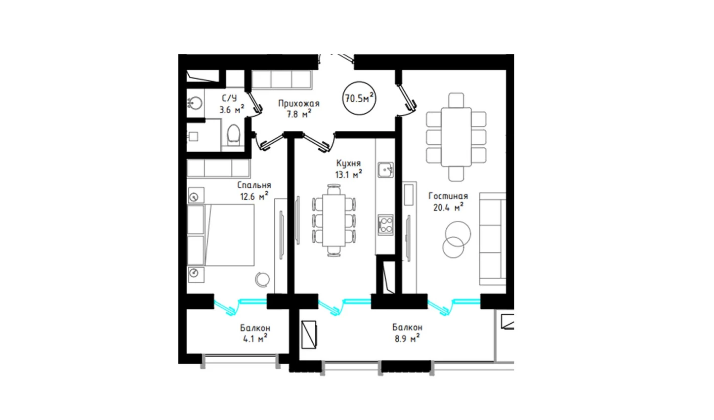 2-комнатная квартира 70.5 м²  5/5 этаж