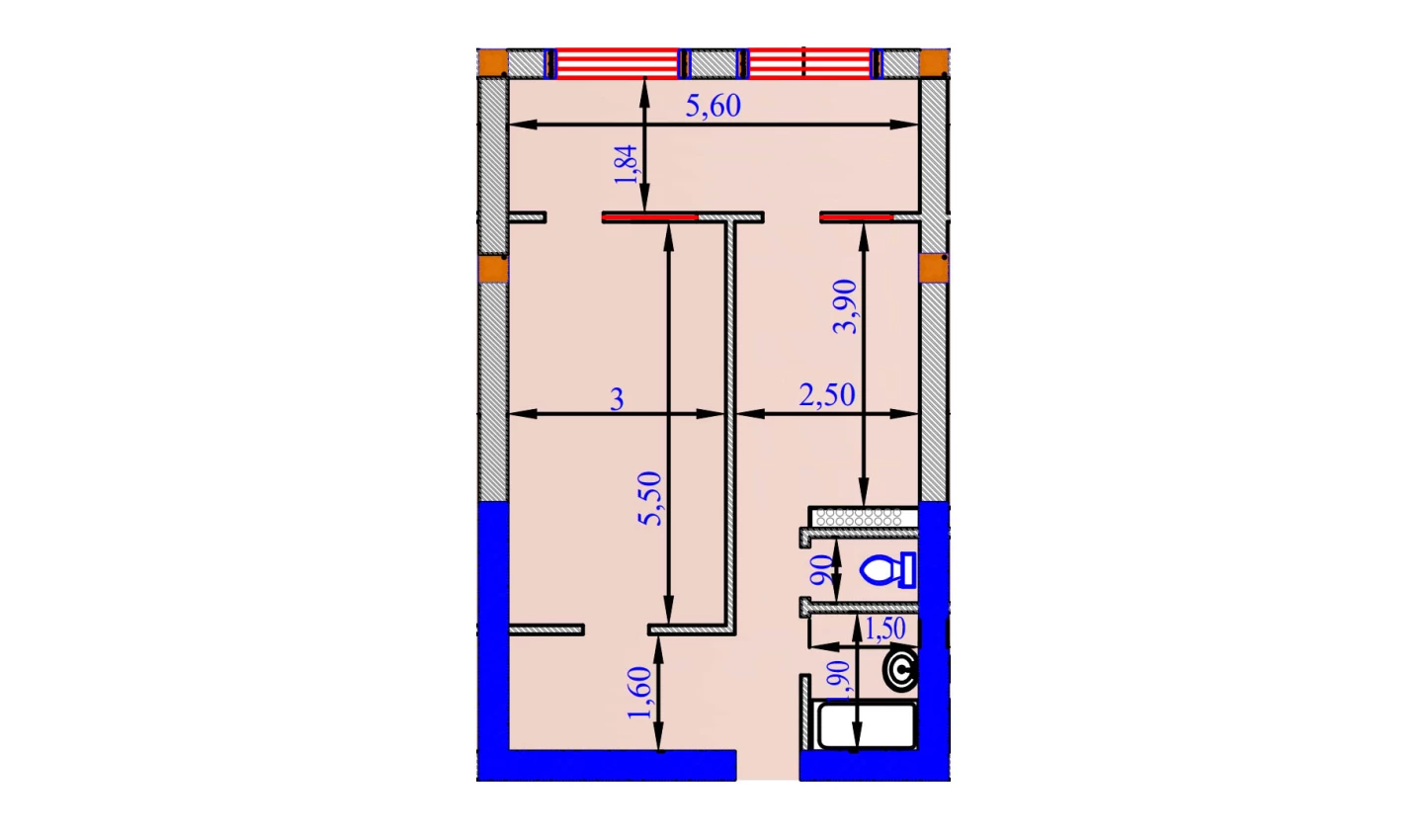 1-комнатная квартира 57.4 м²  4/4 этаж