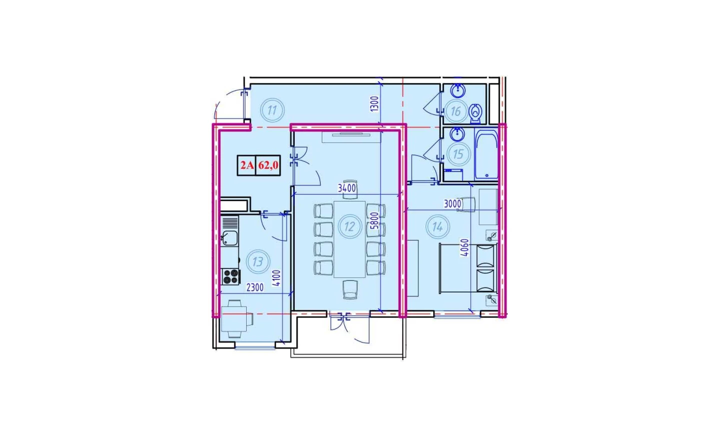 2-комнатная квартира 62 м²  8/8 этаж