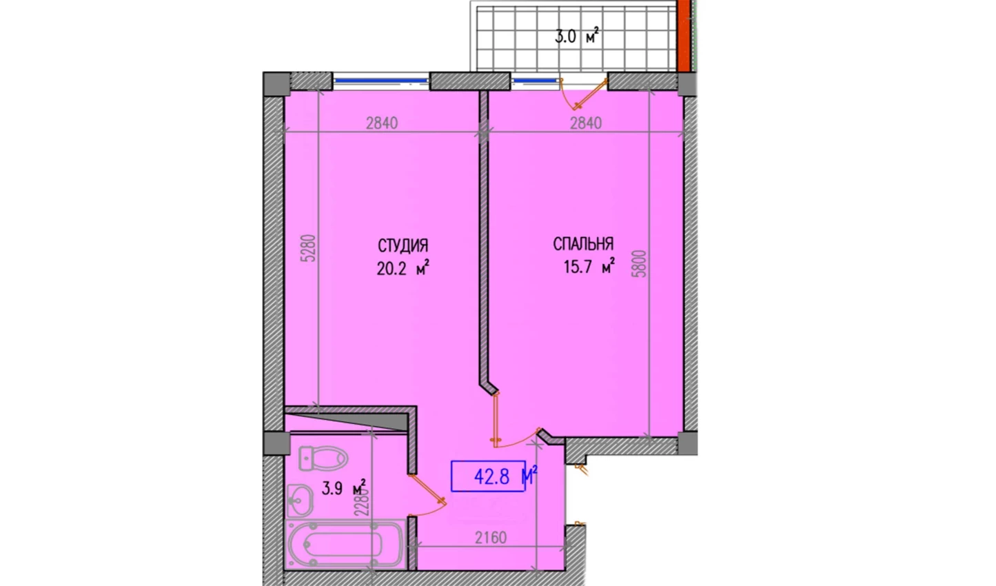 2-xonali xonadon 42.8 m²  3/3 qavat