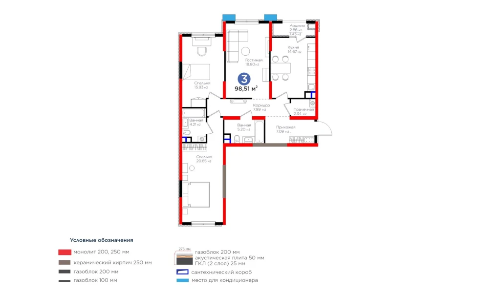 3-комнатная квартира 98.51 м²  6/6 этаж