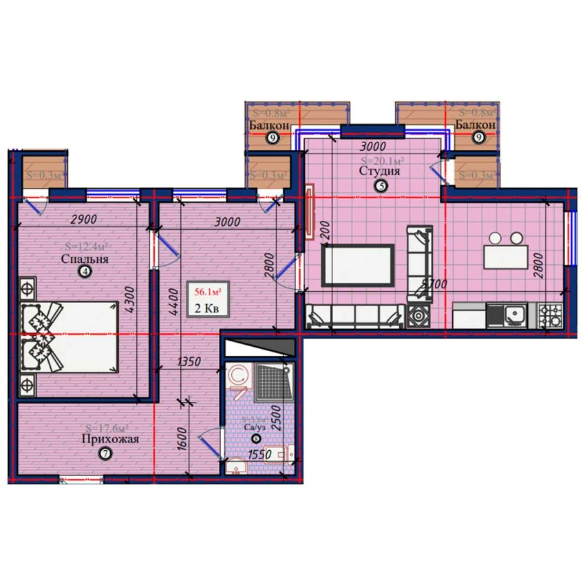 2-xonali xonadon 56.1 m²  7/7 qavat