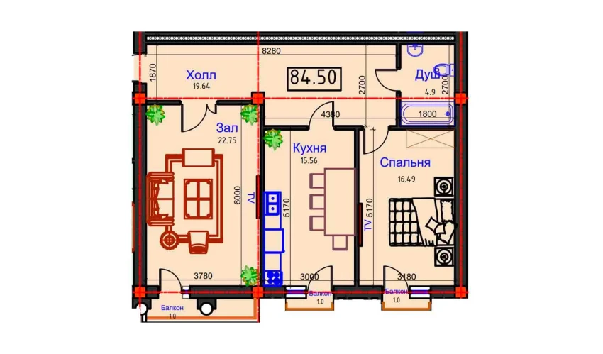 2-комнатная квартира 84.5 м²  8/9 этаж | Жилой комплекс BAHOR