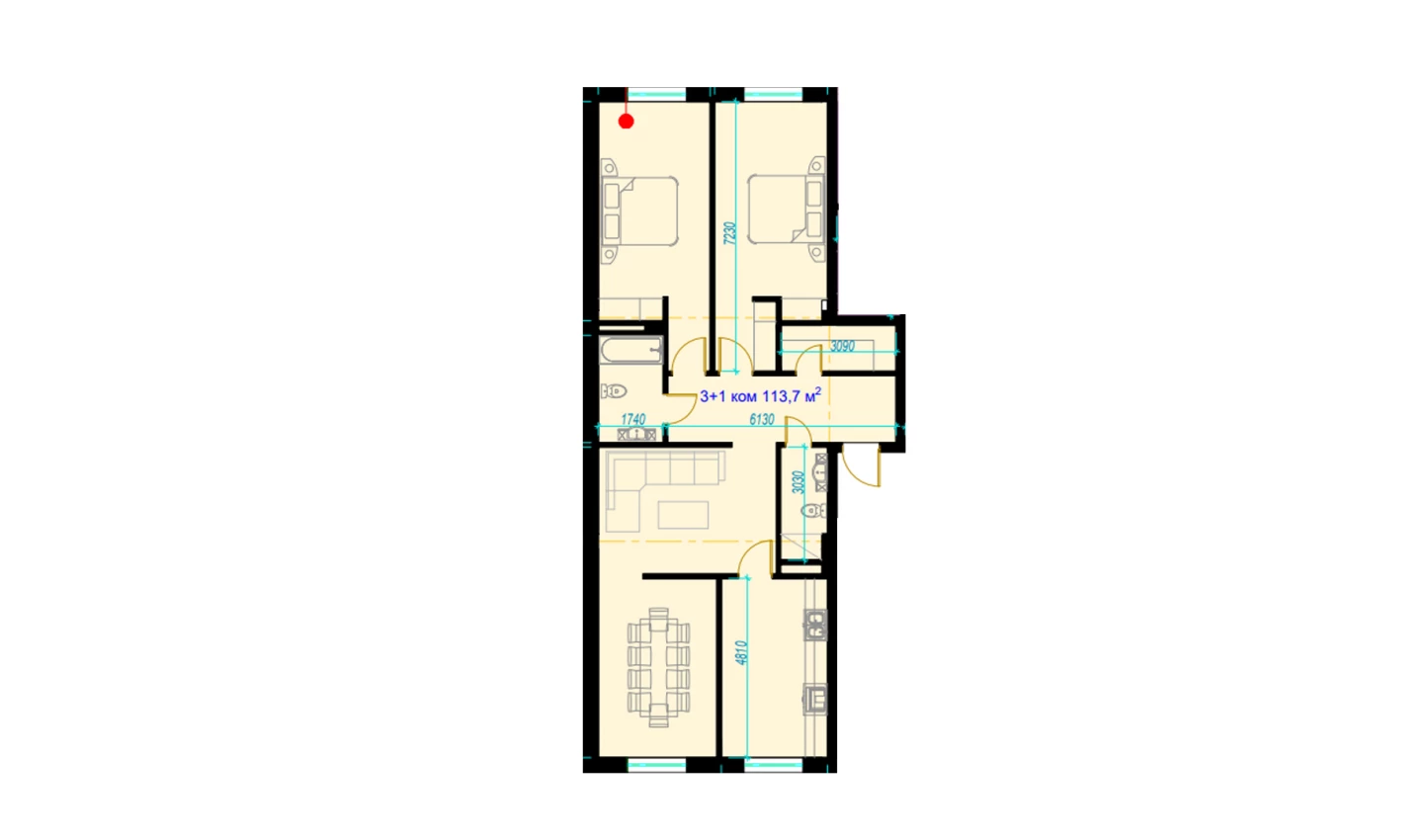 4-комнатная квартира 113.7 м²  5/5 этаж