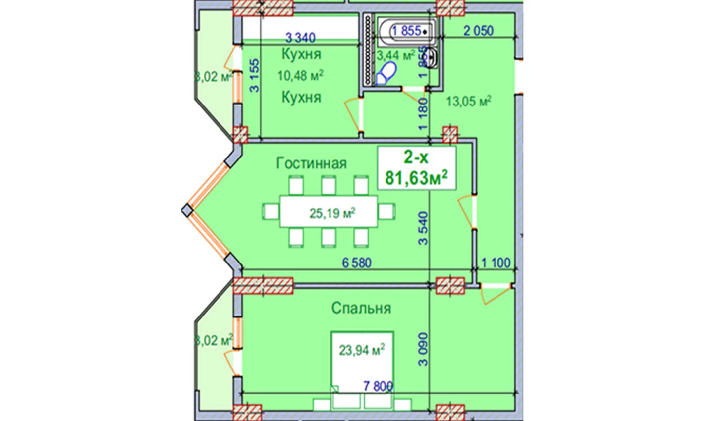 2-xonali xonadon 75.59 m²  8/8 qavat