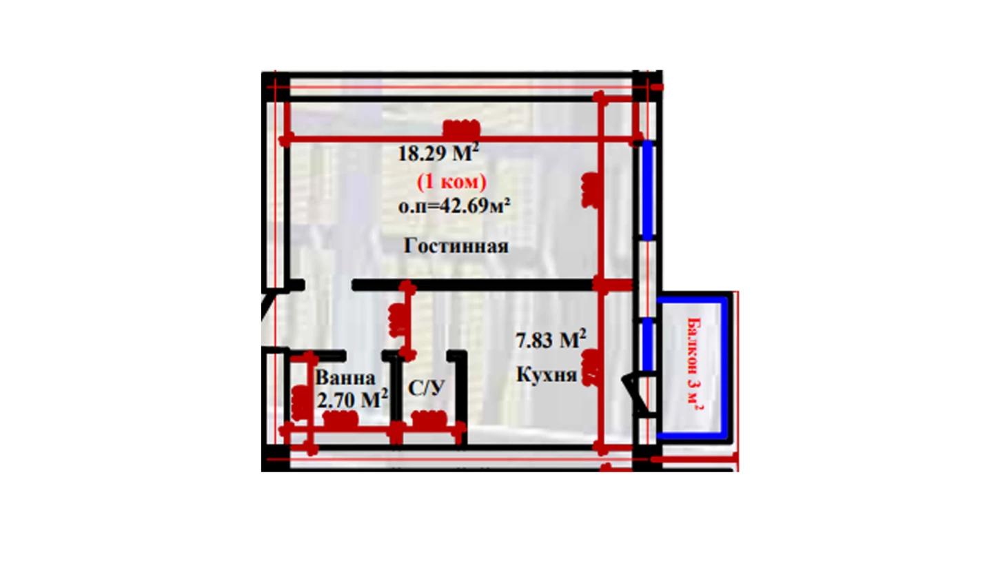 1-xonali xonadon 42.69 m²  2-9/2-9 qavat