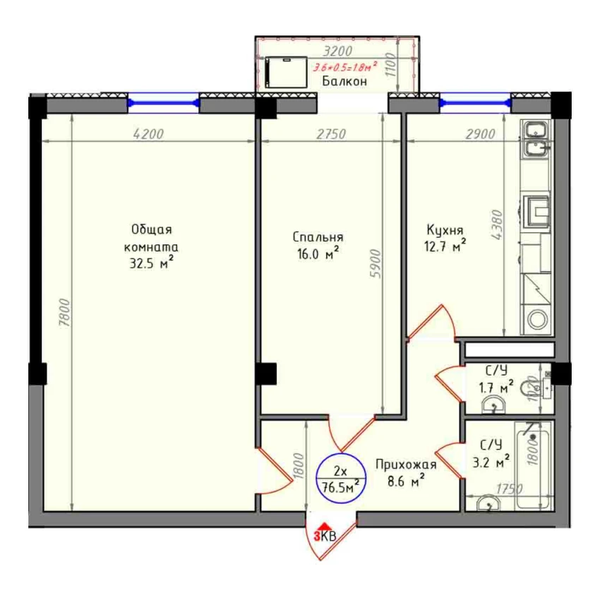 2-xonali xonadon 76.5 m²  11/11 qavat