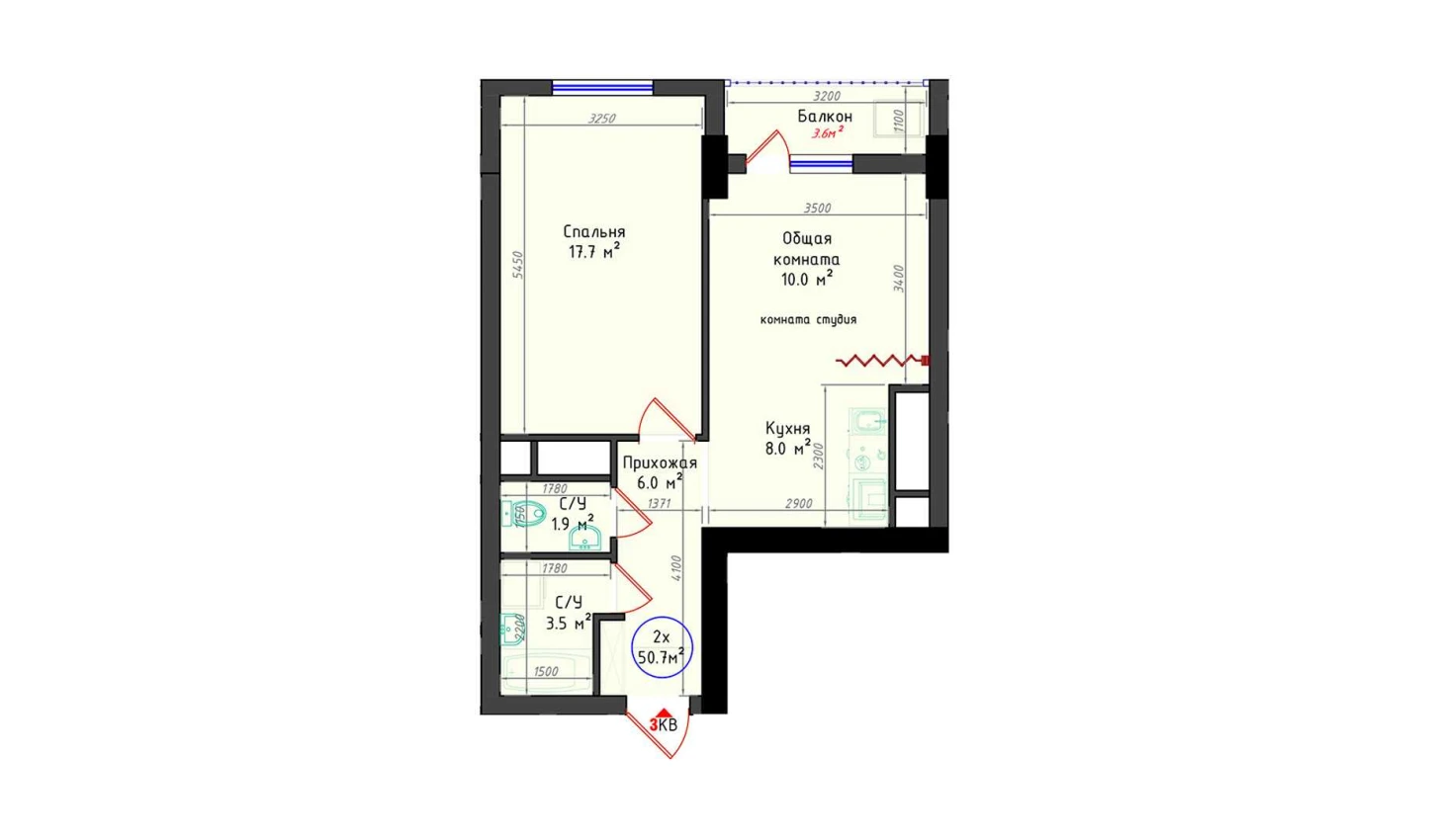 2-комнатная квартира 50.7 м²  13/13 этаж