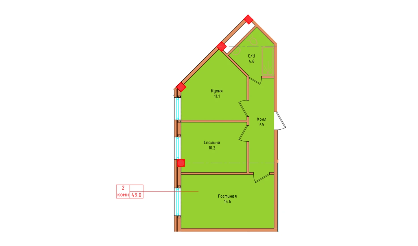 2-комнатная квартира 49 м²  1/1 этаж