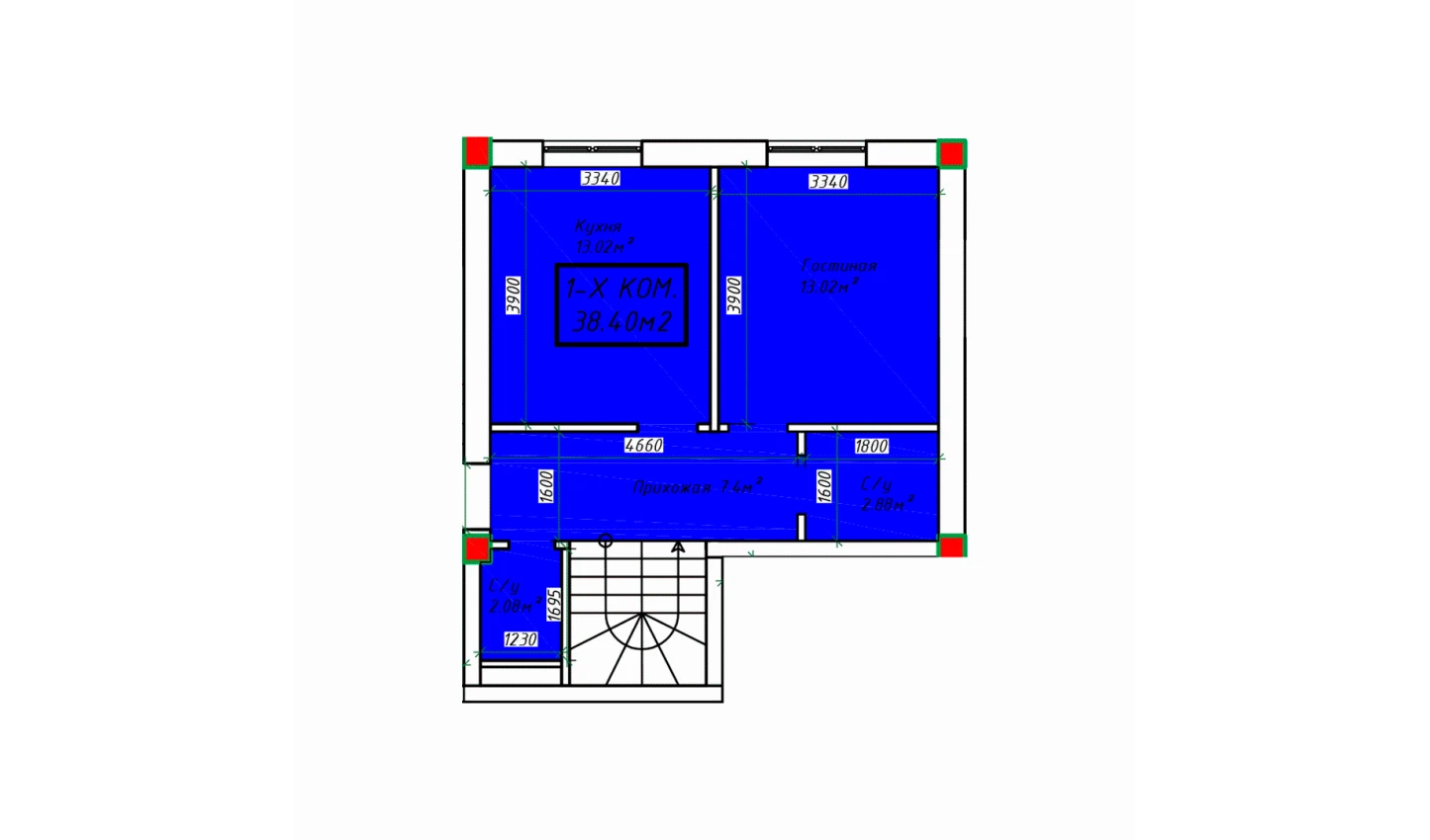 1-xonali xonadon 38.4 m²  1/1 qavat