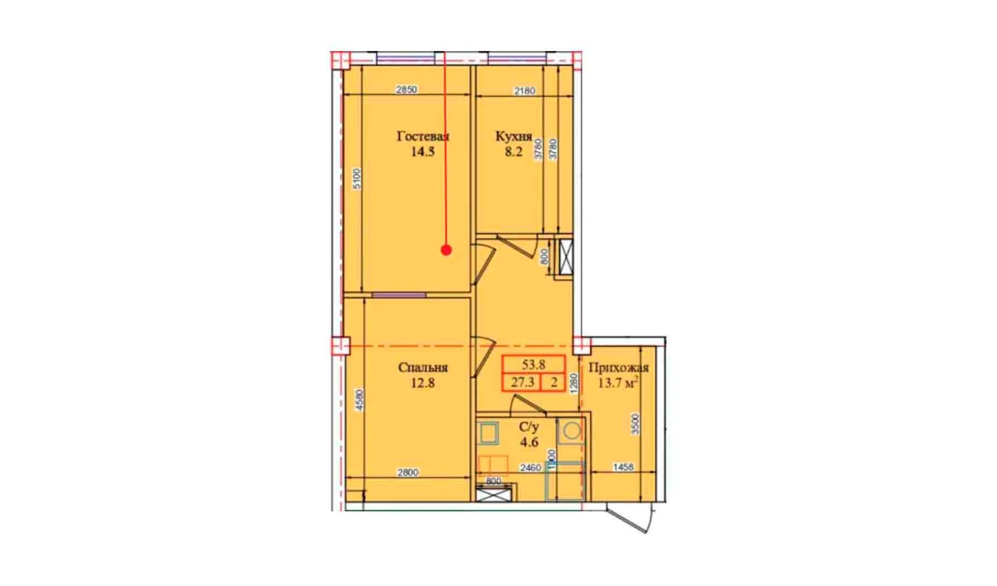 2-комнатная квартира 53.8 м²  1/1 этаж