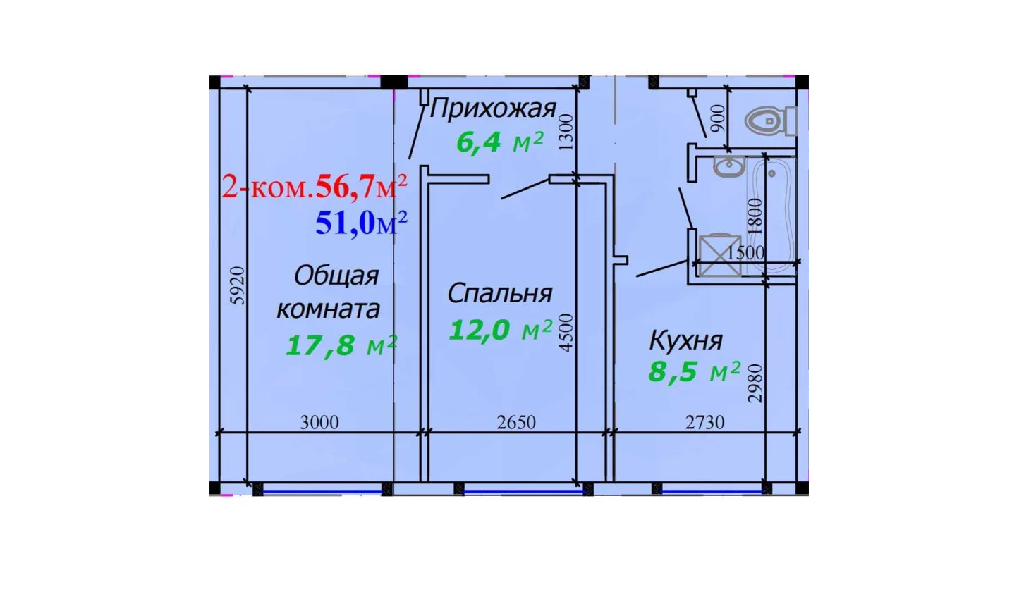 2-комнатная квартира 56.7 м²  1/1 этаж