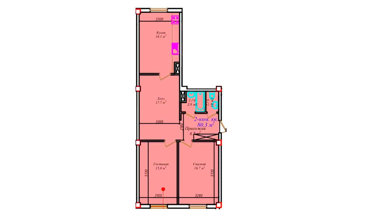 2-комнатная квартира 80.3 м²  1/1 этаж