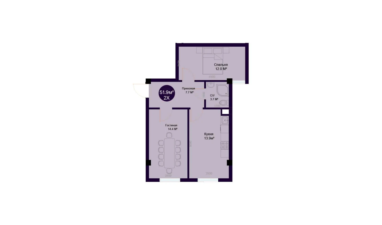 2-комнатная квартира 51.9 м²  1/1 этаж