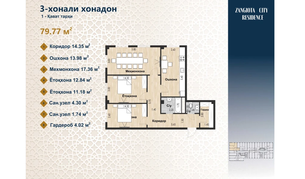 3-комнатная квартира 79.77 м²  1/1 этаж