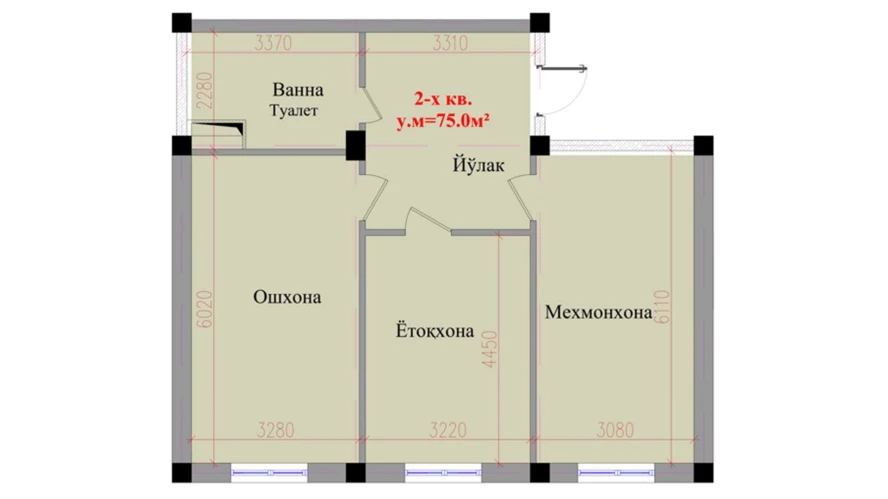 2-xonali xonadon 75 m²  1/1 qavat