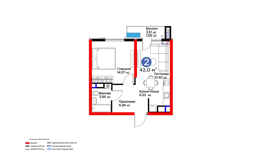 2-комнатная квартира 42 м²  3/3 этаж