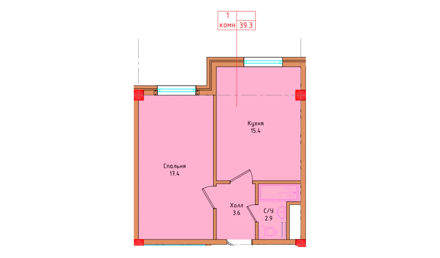 1-xonali xonadon 39.3 m²  8/8 qavat