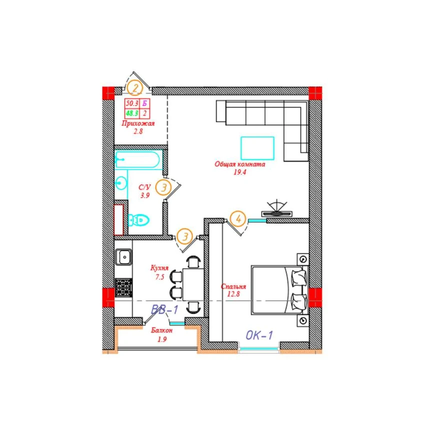 2-комн. квартира 50.3 м²  12/12 этаж | Жилой комплекс CHINARA PARK