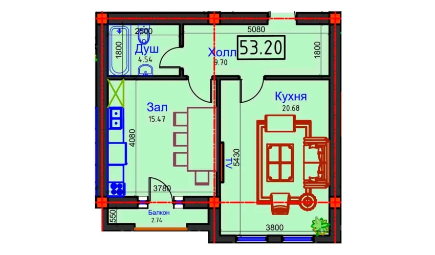 1-xonali xonadon 53.2 m²  3/9 qavat | BAHOR Turar-joy majmuasi