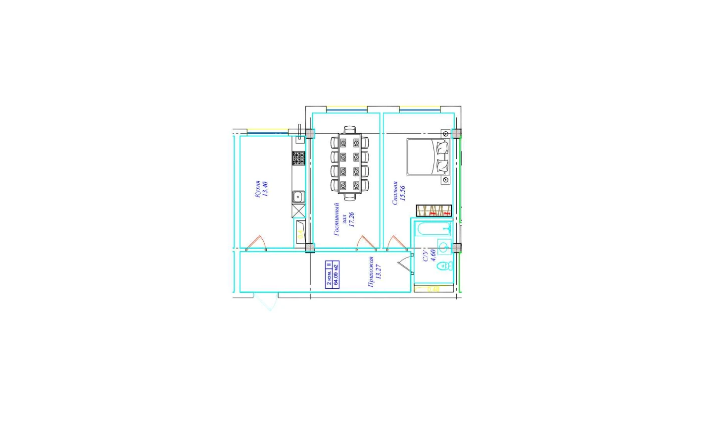 2-xonali xonadon 64.09 m²  2/2 qavat