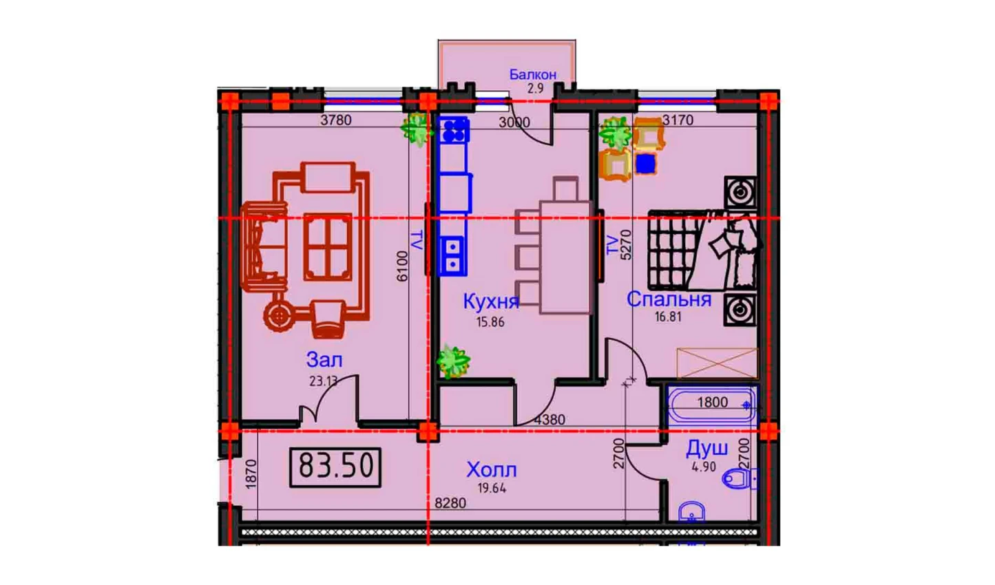 2-xonali xonadon 83.5 m²  3/3 qavat