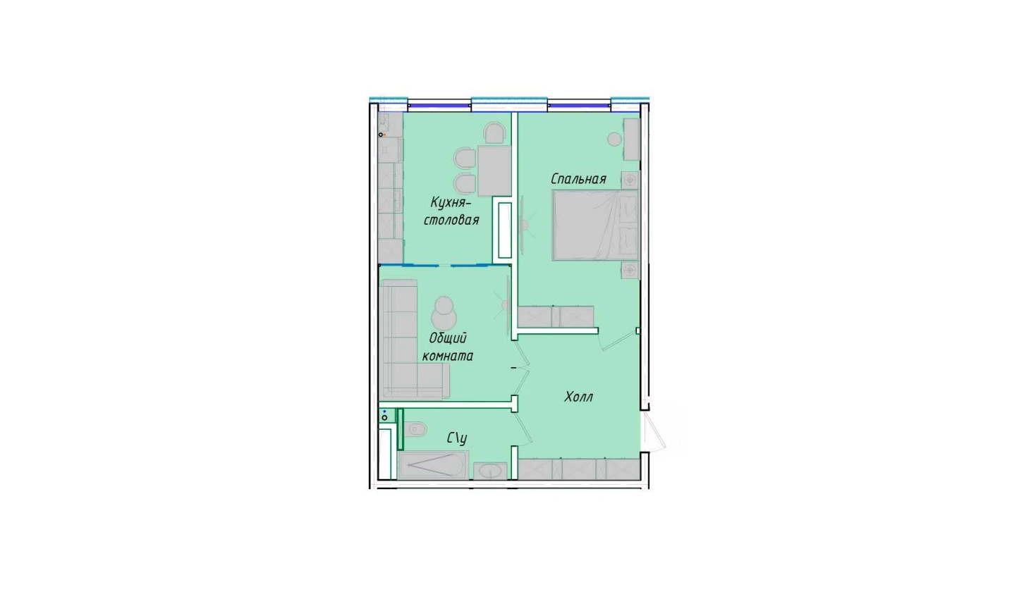 2-комнатная квартира 50.85 м²  1/1 этаж