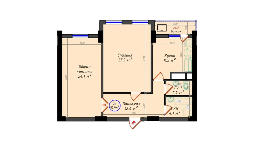 2-xonali xonadon 82 m²  4/21 qavat | Brilliant City Turar-joy majmuasi