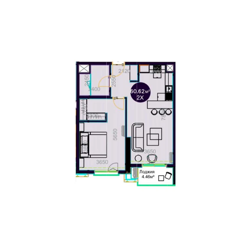 2-комнатная квартира 60.62 м²  12/12 этаж