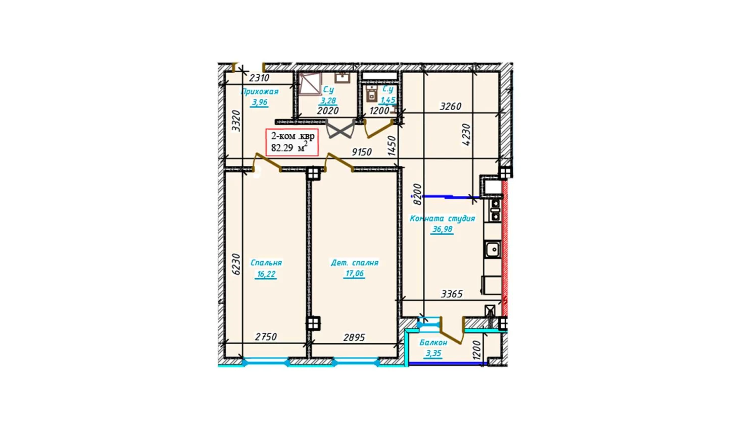 3-xonali xonadon 82.29 m²  5/9 qavat | Aero Town Turar-joy majmuasi